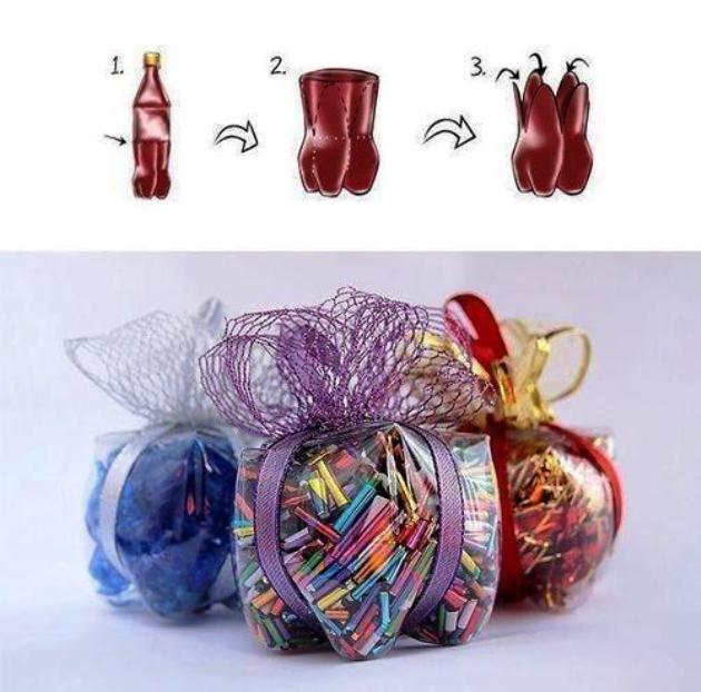 Пропонуємо вам ідею для створення гарної упаковки для подарунків або для дрібниць зі звичайної пластикової пляшки