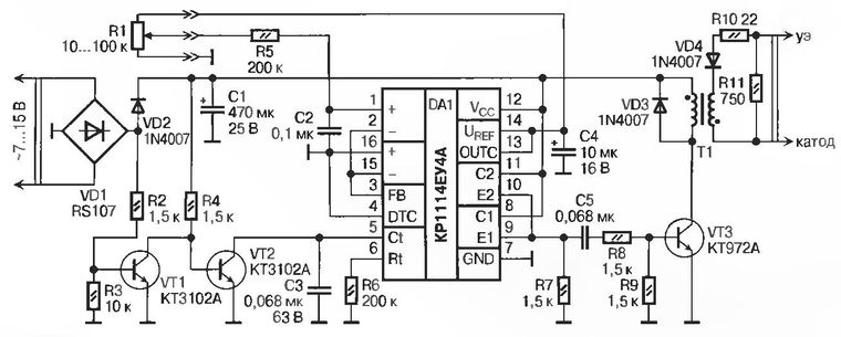 Пропоноване пристрій призначений для керування зварювальним апаратом за допомогою потужного симистора ТС132-40, включеного в первинну обмотку трансформатора