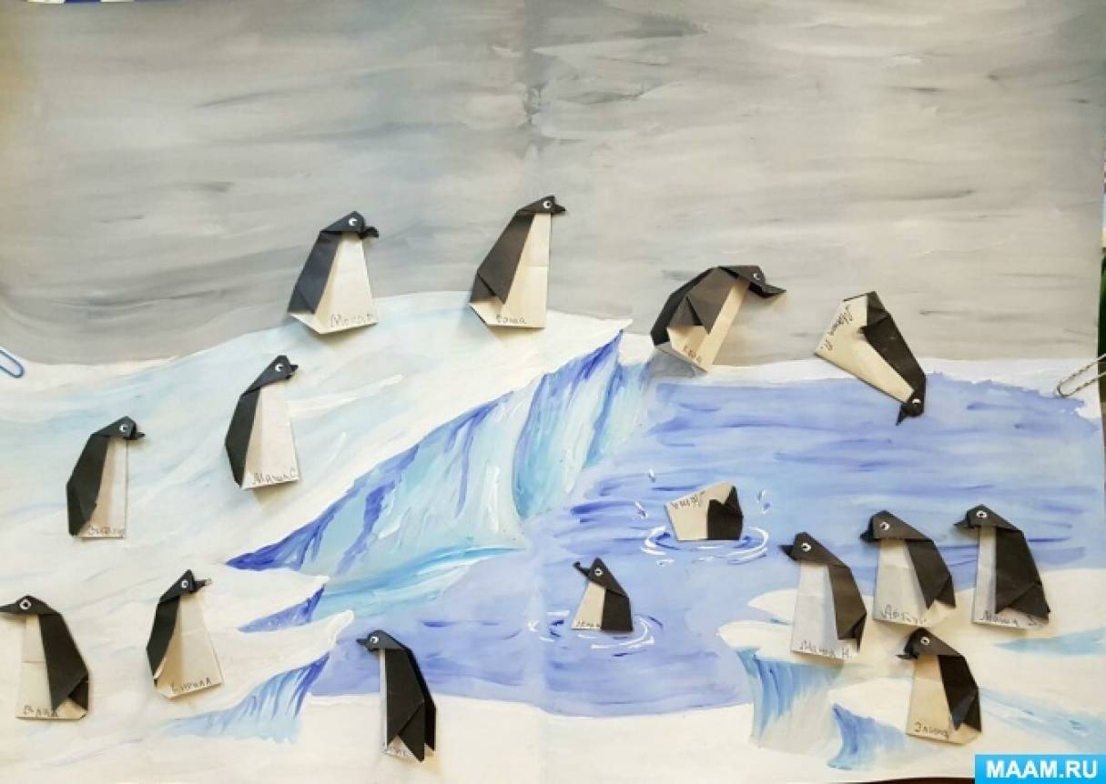 Колективна робота в техніці «орігамі» в підготовчій групі «Там, де в море лізуть крижини, розважаються пінгвіни»   А